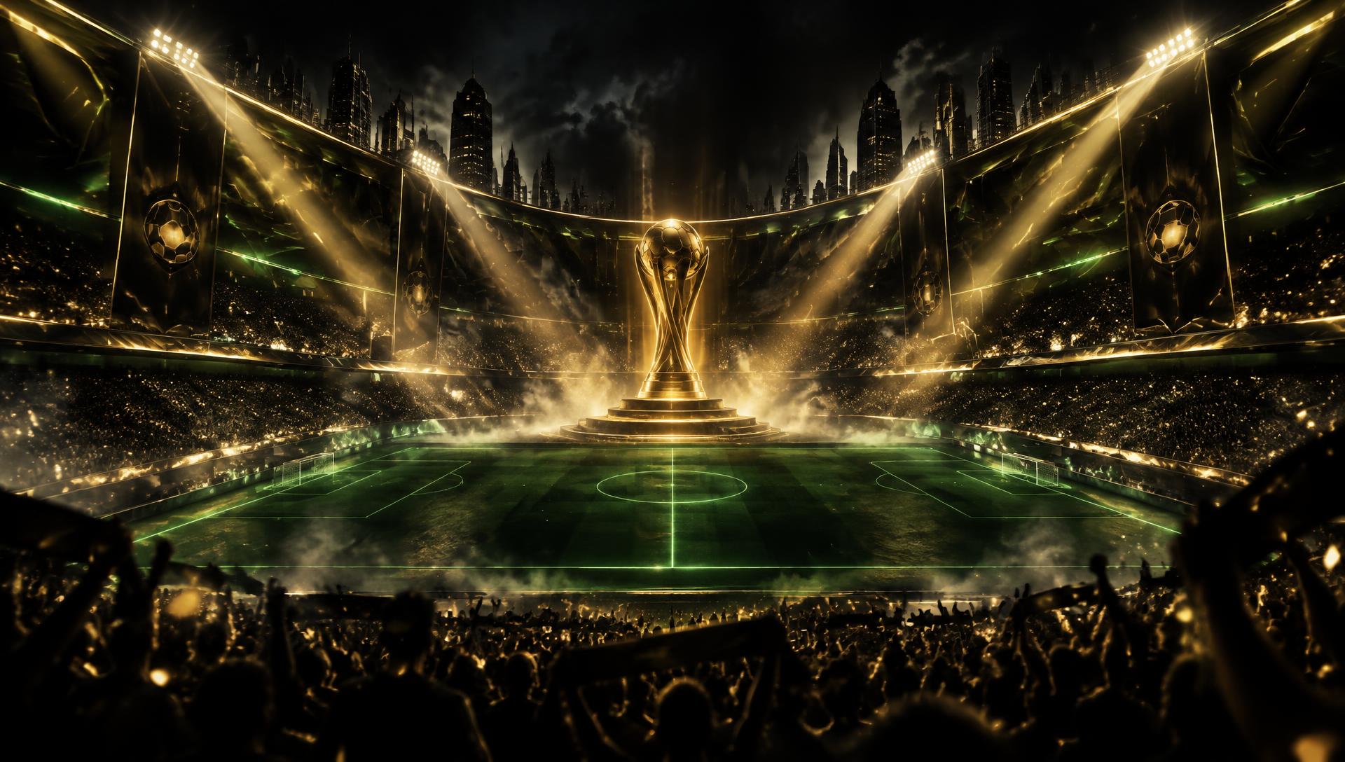 Neon stadium with golden trophy